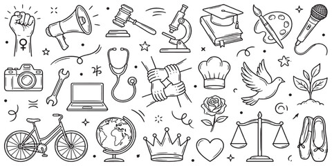 Obraz premium Collection of hand-drawn icons representing diverse professions, concepts, and symbols of human achievement and values.