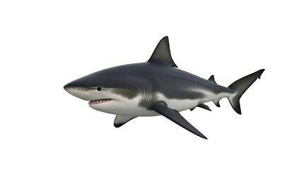 Fototapeta premium Ferocious Great White Shark 3D Illustration: Majestic Apex Predator Isolated on Pure White Background for Ocean Wildlife, Danger, and Marine Biology Concepts.