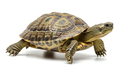 Obraz premium Detailed Studio Close-up of a Terrestrial Tortoise Walking, Isolated on a Pure White Background: Exotic Reptile Wildlife, Slow Movement, and Pet Photography Concept.