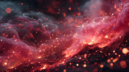 Red glowing particles and smoke texture, abstract fiery energy background in dark cinematic style.