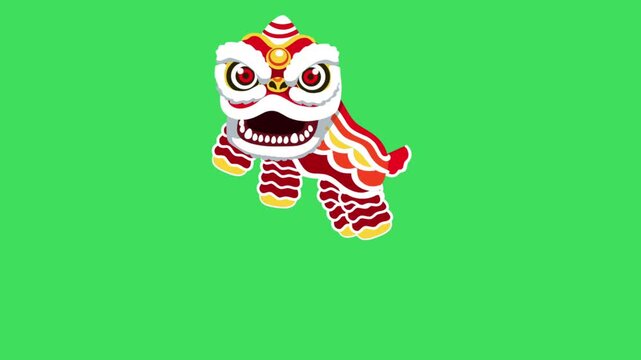 Traditional Chinese New Year Lion Dance character performing a playful dance on a green screen background for easy keying