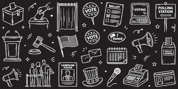 Collection of hand-drawn icons representing voting, elections, and political campaigns on a black background.