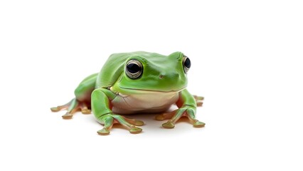 Obraz premium Mesmerizing Studio Portrait of a Vibrant Green Tree Frog (Dumpy Frog) Isolated on a Crisp White Background – Perfect for Biology, Nature, and Design Projects.