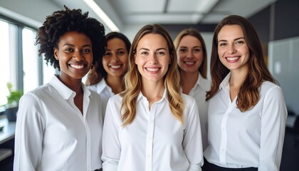 Fototapeta premium Diverse group of smiling professionals wearing white blouses shirts posing together in the office