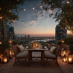A beautifully set rooftop dinner table with lanterns and string lights overlooks a glowing city skyline under a starry night sky.
