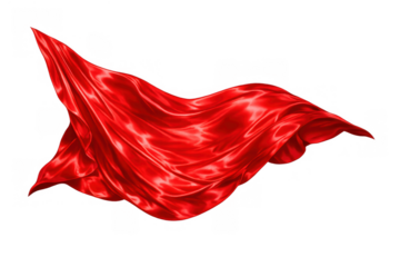 Red luxurious flying fabric on a transparent background, flowing silk textile with smooth elegant curves in motion