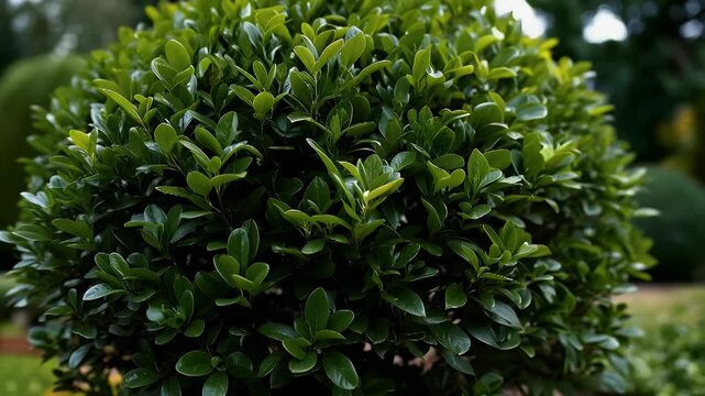 A serene view of a topiary garden, showcasing neatly trimmed green bushes in pots