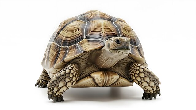 Majestic African Spurred Tortoise (Sulcata) Isolated on White Background: Detailed Studio Shot of an Ancient Reptile, Highlighting Intricate Carapace and Textured Skin