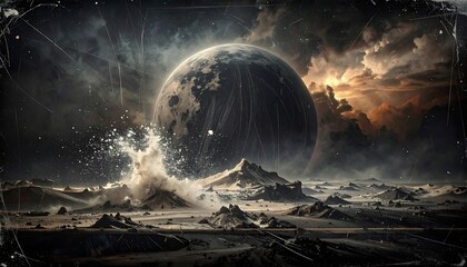 Epic Alien Planet Landscape with Giant Moon and Dramatic Sky.