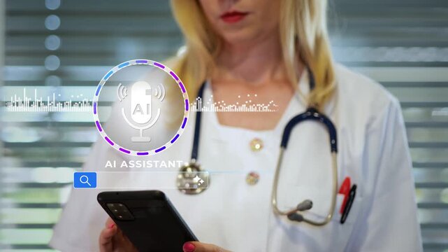 Young Caucasian doctor using AI assistant and voice recognition to support patients in modern digital healthcare. Healthtech concept
