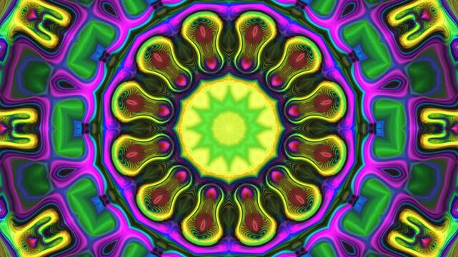Vivid round ornament changing colors, shapes, transforming. Hypnotic colorful mandala metamorphoses. Abstract symmetrical background motion with pulsation, vibration and spin. 4K UHD 4096x2304