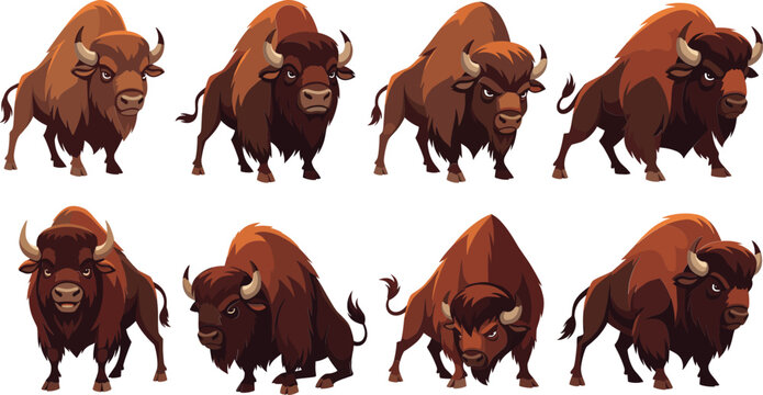 Cartoon bison character set with multiple aggressive poses wild buffalo animal mascot vector illustration collection