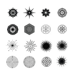 Set of geometric mandala ornaments and labyrinth circle symbols