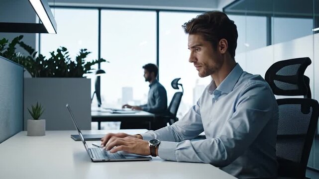 Modern Office Work - Focused Man Typing on Laptop in Bright Workspace.