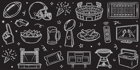Collection of American football game elements and fan accessories depicted in a chalk-style illustration on a dark background. © Riki
