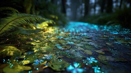 A forest with lots of leaves and water