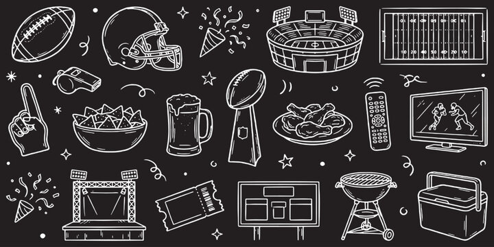 Collection of American football game elements and fan accessories depicted in a chalk-style illustration on a dark background.