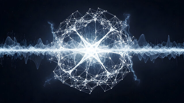 Abstract Glowing Neural Sphere with Digital Waveform and Electric Sparks Representing Artificial General Intelligence Concept