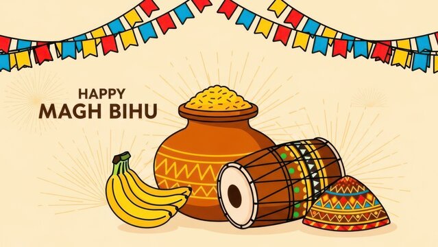 Festive Illustration for Magh Bihu Featuring Traditional Elements Like a Clay Pot, Dhol, Japi Hat, and Bananas with Bunting