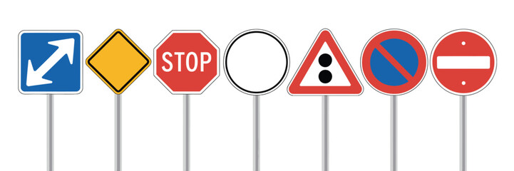 Road warning sign isolated on transparent background, featuring realistic blank traffic regulatory template, abstract concept graphic, empty banner mockup element for design and signage projects.