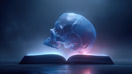 Ethereal skull floats above an open book, emitting cool blue light, on a misty backdrop