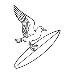 Logo club de surf. Dibujo sencillo con líneas de gaviota con alas abiertas en tabla de surf © teracreonte