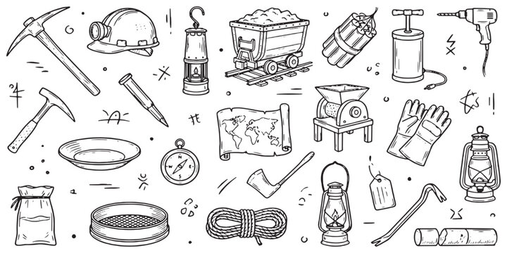 Collection of mining equipment and tools, including pickaxes, helmets, lanterns, and maps, depicted in a hand-drawn sketch style.