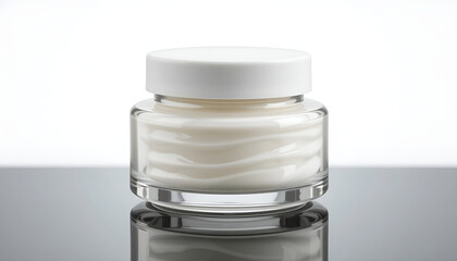 Obraz premium Luxury moisturizing face cream jar mockup on reflective surface for organic skincare brand website banner