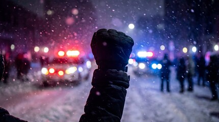 Raised fist in a winter glove symbolizing resistance during a night protest, with heavy snow and blurred police emergency lights in the background.