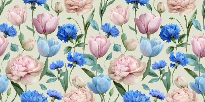 Seamless watercolor floral pattern with tulips and peonies. Pink and blue flowers with green leaves on light background, botanical repeat for spring design, wallpaper and textile print.