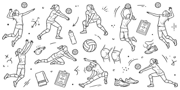 Collection of hand-drawn illustrations depicting female volleyball players in various action poses, including serving, jumping, and diving, surrounded by game elements like balls and water bottles.