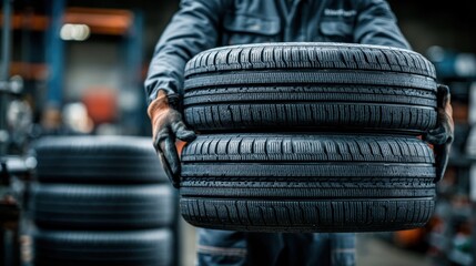 Mechanic carrying two new car tires in a garage, with stack of other tires in background