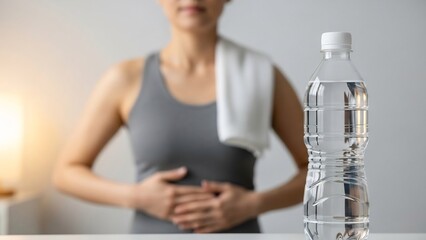 Woman in activewear with towel around neck and hands on stomach, next to a clear plastic water bottle filled with water.
