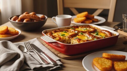 Hearty breakfast spread with sausage bake, hash browns, sausages, drink, and silverware