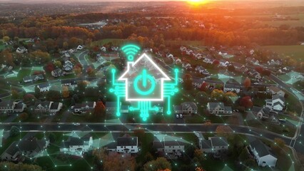 Smart home symbol icon over connected automated American houses at sunset showing modern living technology