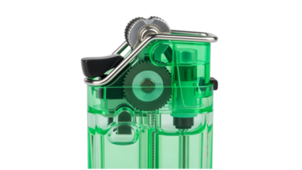 Macro shot revealing the interior mechanism of a translucent green lighter against a black backdrop