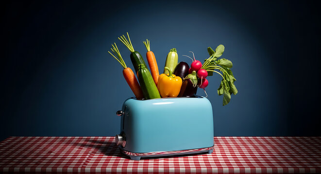A vibrant assortment of fresh vegetables, including carrots, zucchini, bell pepper, radish, and eggplant, playfully arranged inside a vintagestyle blue toaster on a red and white checkered tablecloth 