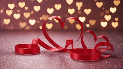 Delicate red satin ribbon carefully shaped into romantic heart outlines rests upon a shimmering surface with soft bokeh lights.