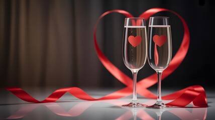 Two champagne flutes adorned with red hearts stand before a dramatic heart shape formed by a flowing satin ribbon ready for a romantic celebration.