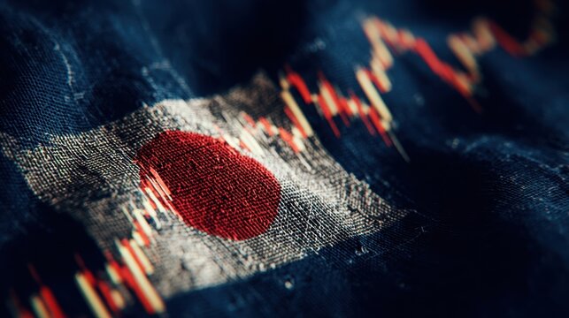 Abstract close-up of textured Japanese flag with stock market data patterns and financial theme in blue and red shades - Powered by Adobe