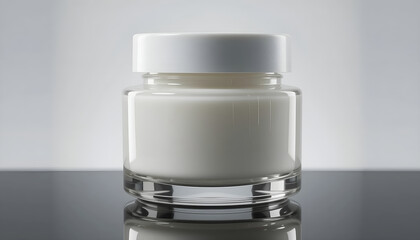 Obraz premium Blank cosmetic glass jar mockup for premium skincare brand identity with copy space for logo design on luxury beauty website banner