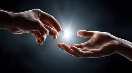 Hand Giving Glowing Coin to Another in Dark Background