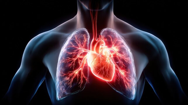 Human Chest With Glowing Heart and Lungs Medical Illustration