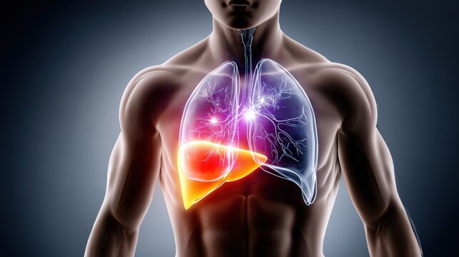 3D Illustration of Human Body Showing Lungs and Liver Highlighted