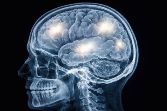 Human Brain Glowing in Skull X-Ray Illustration