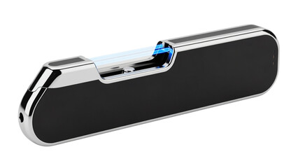 Sleek, metallic object with a matte black body and silver accents, showcasing an electric blue light emitting from its interior