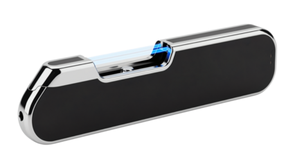 Sleek, metallic object with a matte black body and silver accents, showcasing an electric blue light emitting from its interior