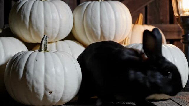 A sleek black rabbit quickly peeks its head out from behind a large stack of white ghost pumpkins and then rapidly retreats into the shadows nature, commercial, fall