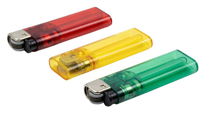 Three colorful translucent lighters, red, yellow, and green, arranged diagonally on a black background, with their metal components visible