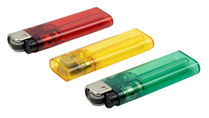 Three colorful translucent lighters, red, yellow, and green, arranged diagonally on a black background, with their metal components visible